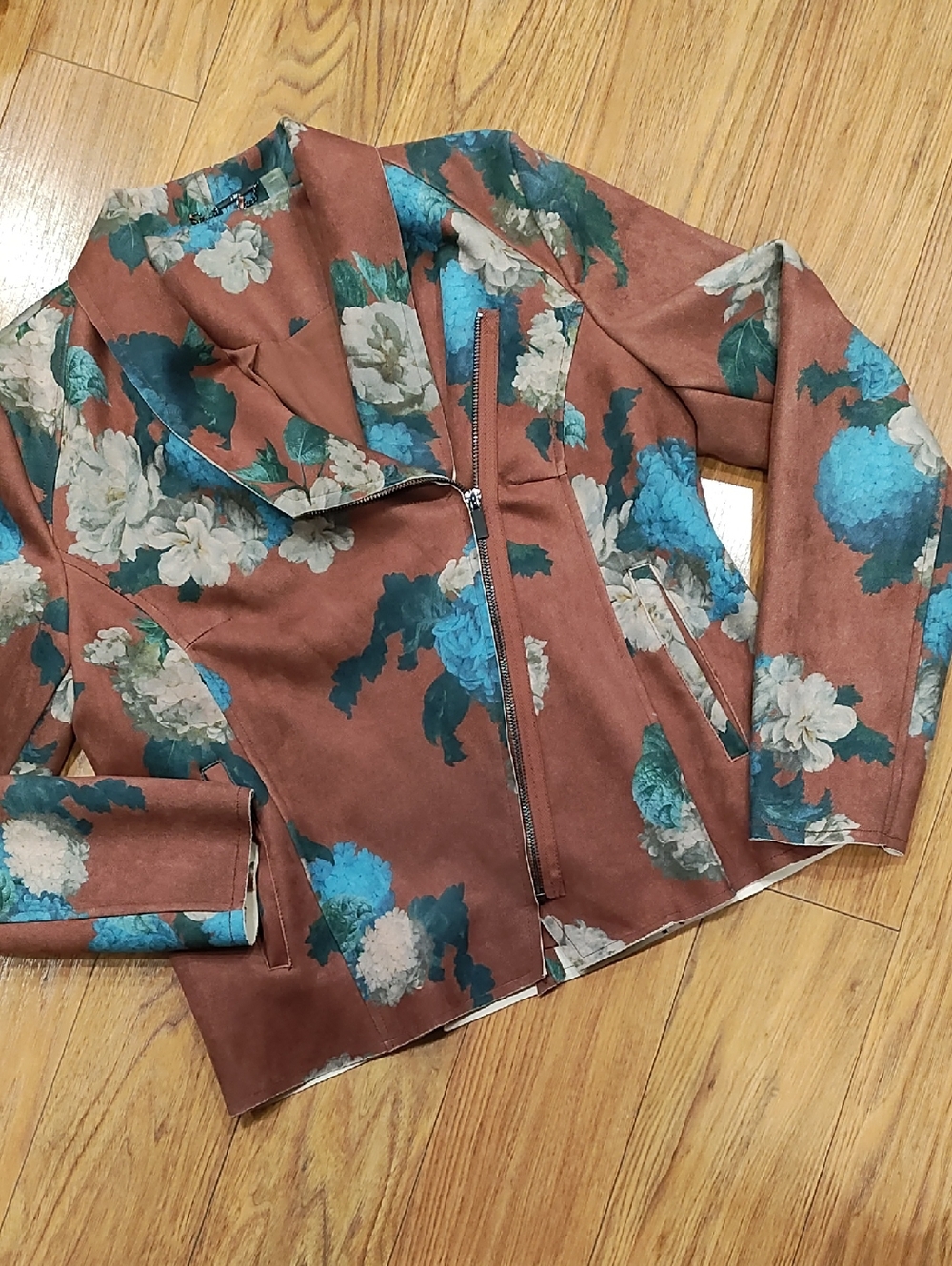 Elle Floral Asymmetrical Zip Jacket - Brown, Teal & Cream